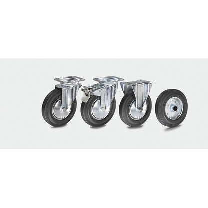 Solid rubber tyre on sheet steel rim, wheel Ø x width 280 x 70 mm, fixed castor.