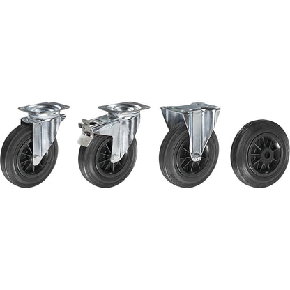Solid rubber tyre on plastic rim, wheel Ø x width 100 x 30 mm, swivel castor with double stop.
