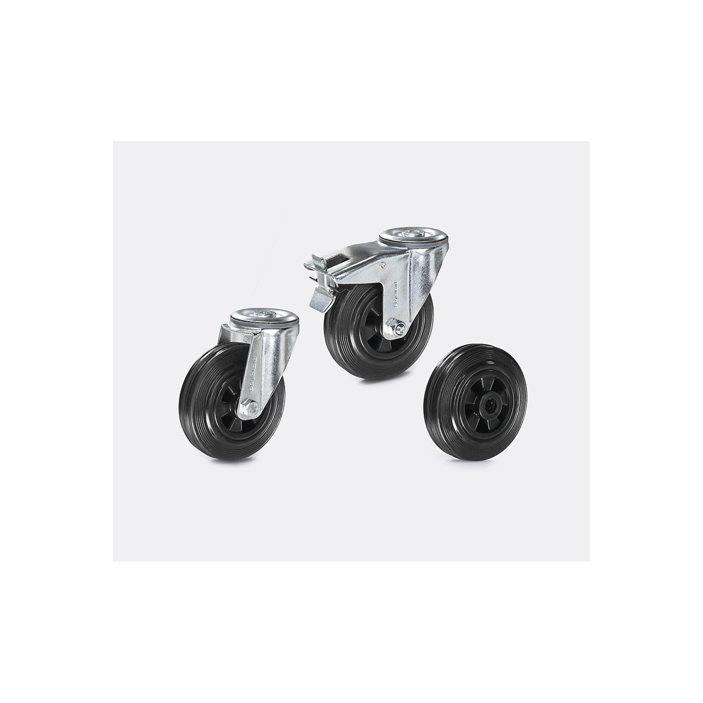 Solid rubber tyre on plastic rim, wheel Ø x width 80 x 25 mm, swivel castor with double stop.