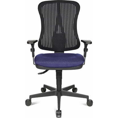 Ergonomic swivel chair, contoured seat, without arm rests, blue seat, black mesh back rest.