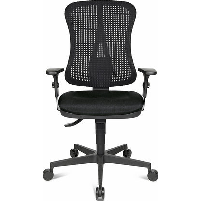 Ergonomic swivel chair, contoured seat, without arm rests, black seat, black mesh back rest.