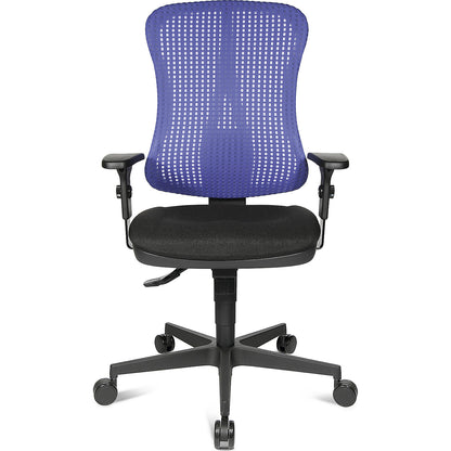 Ergonomic swivel chair, contoured seat, without arm rests, black seat, blue mesh back rest.