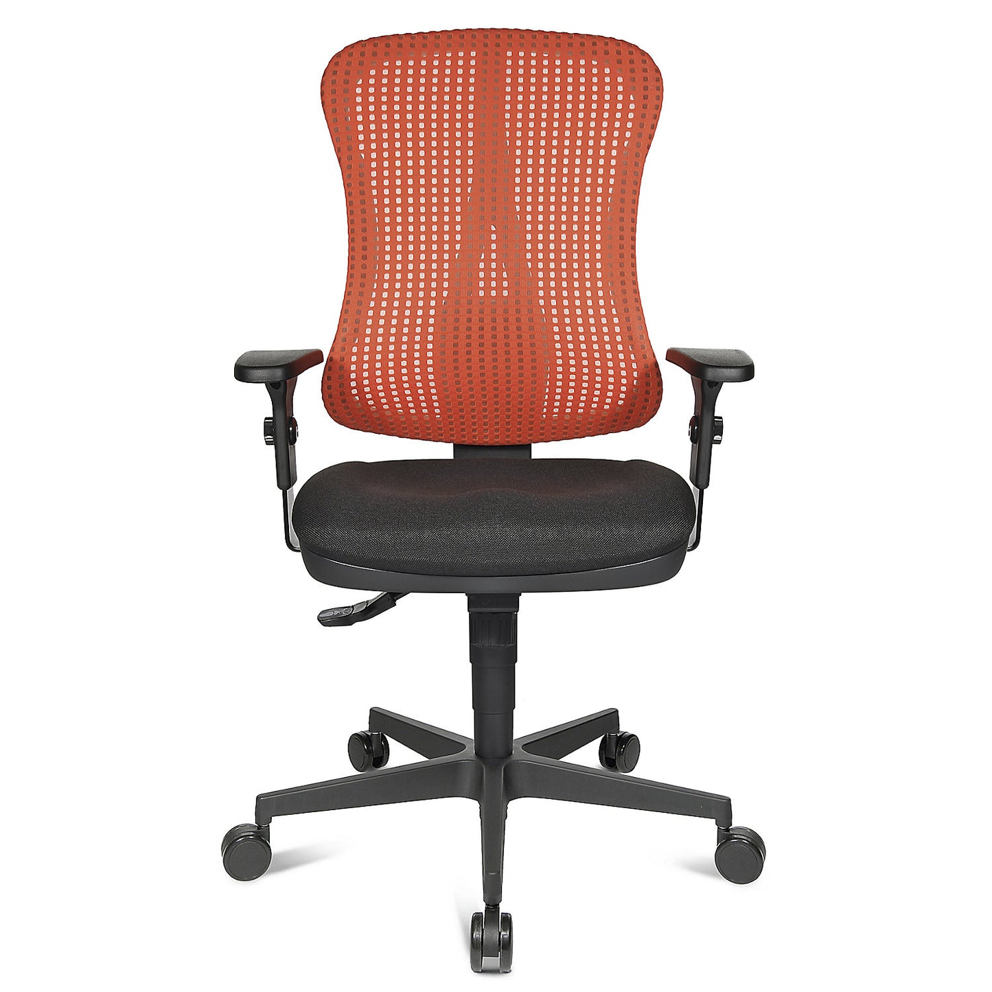 Ergonomic swivel chair, contoured seat, without arm rests, black seat, red mesh back rest.