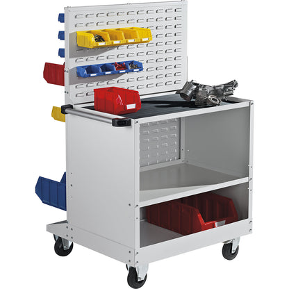 Mobile rack with open fronted storage bins and work surface, HxWxD 940 x 820 x 245 mm, with 109 bins.