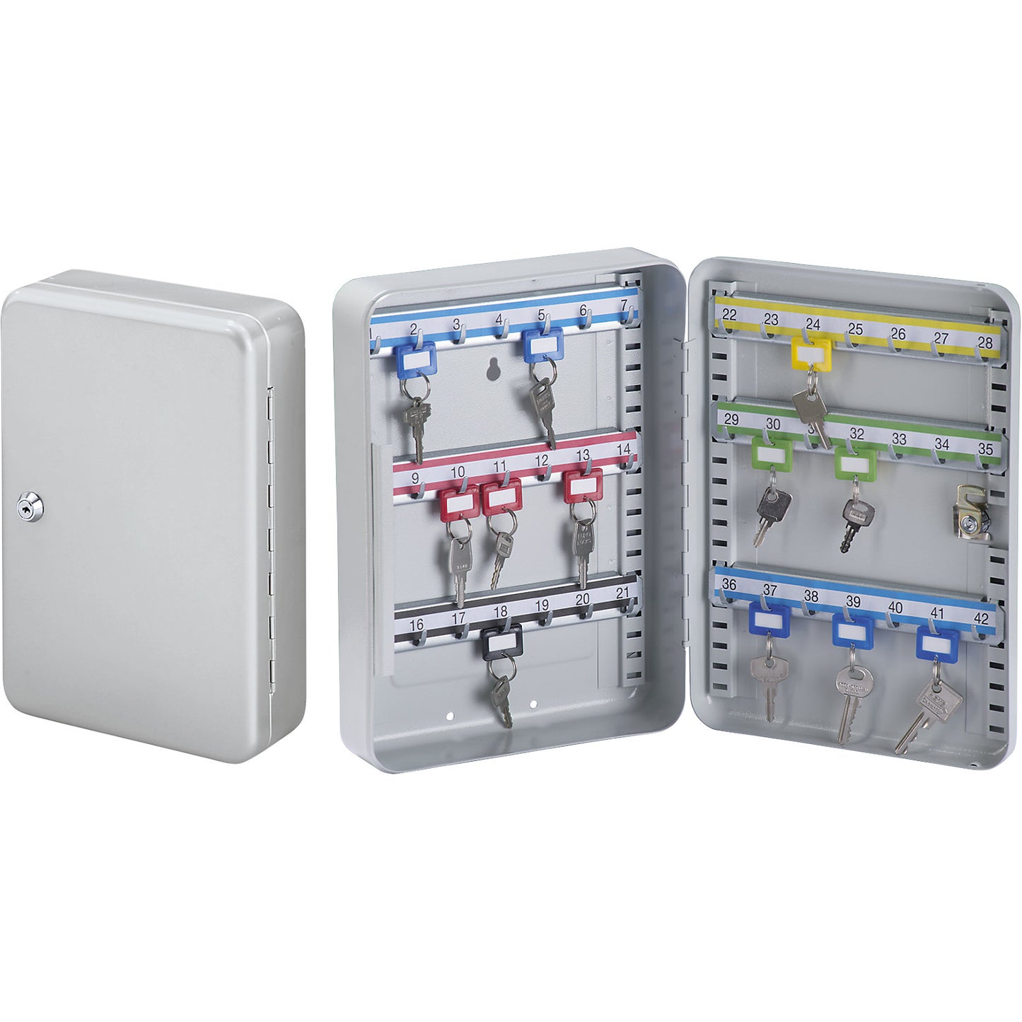 Key box, sheet steel, light grey, HxWxD 250 x 180 x 90 mm, 15 hooks.