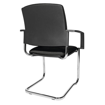 Padded stacking chair, cantilever chair, pack of 2, chrome plated frame, black upholstery.