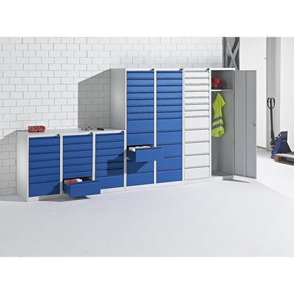 Drawer cupboard, steel, HxWxD 900 x 1000 x 500 mm, 14 drawers, light grey drawers.