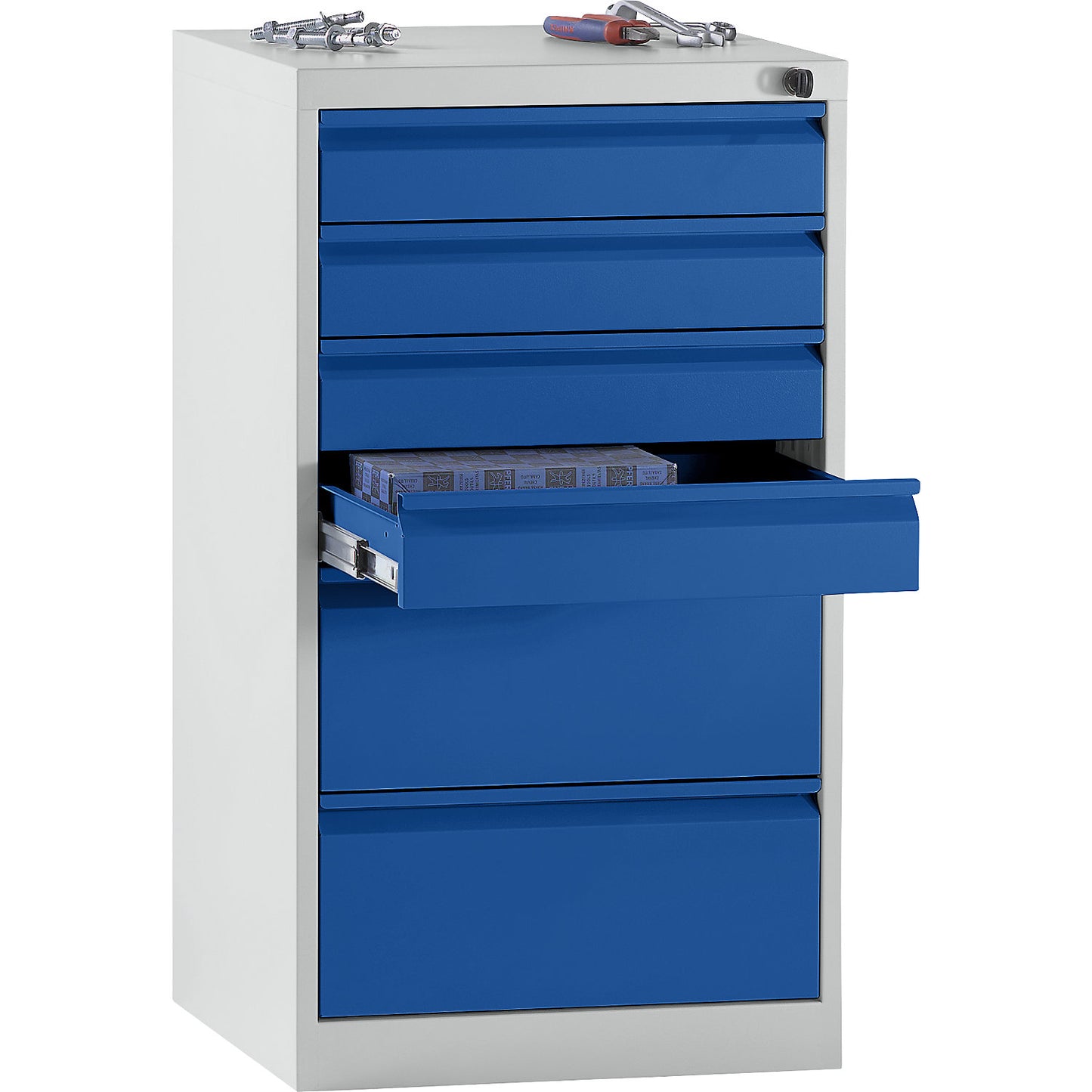 Drawer cupboard, steel, HxWxD 900 x 500 x 500 mm, 6 drawers, gentian blue drawers.