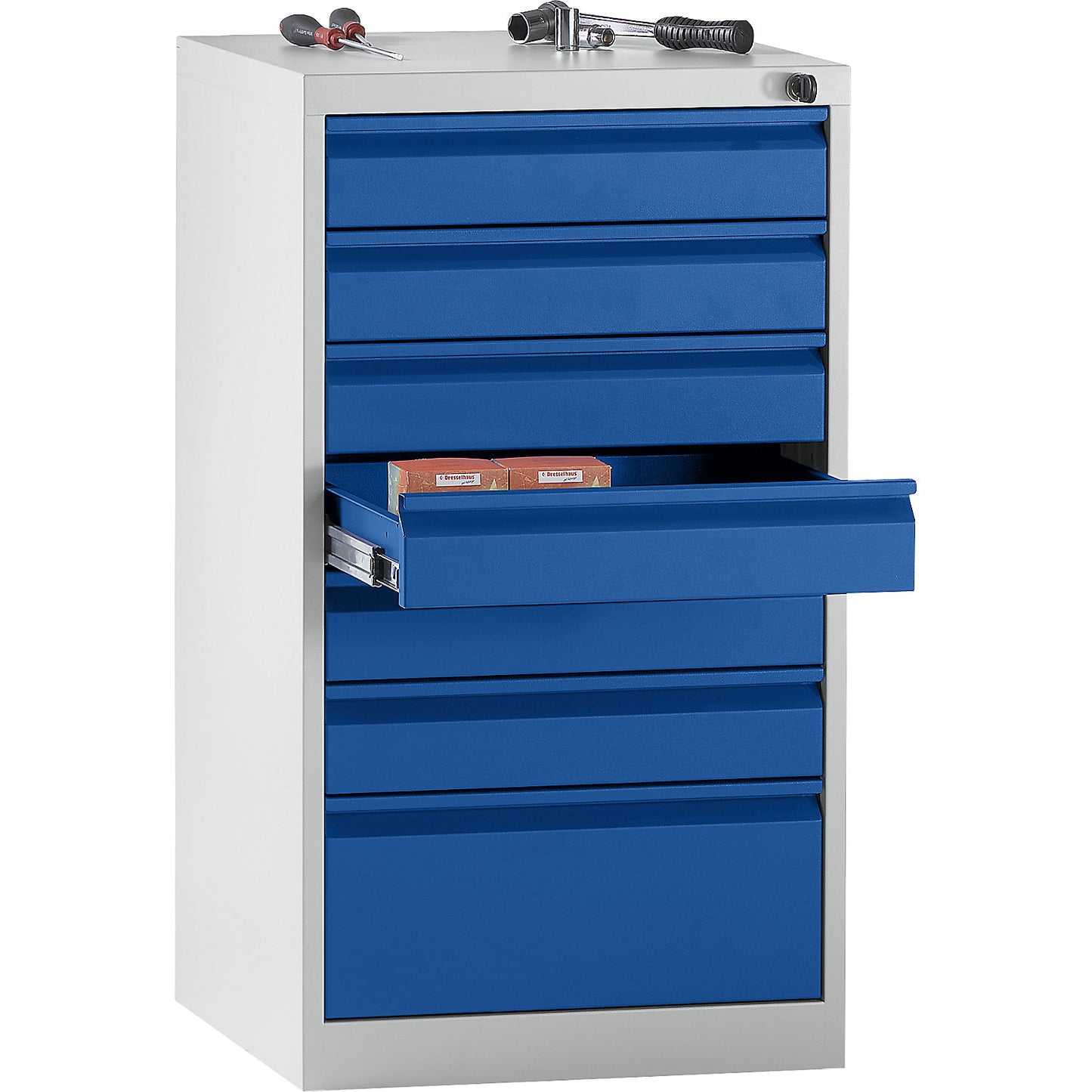 Drawer cupboard, steel, HxWxD 900 x 500 x 500 mm, 7 drawers, gentian blue drawers.