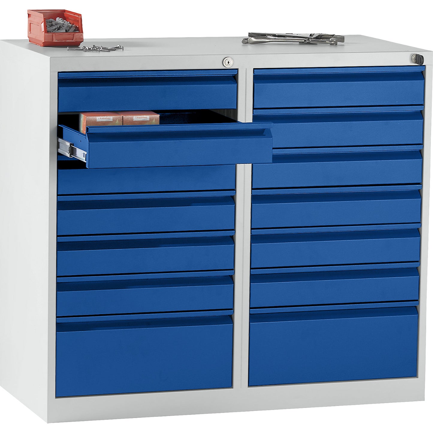 Drawer cupboard, steel, HxWxD 900 x 1000 x 500 mm, 14 drawers, gentian blue drawers.