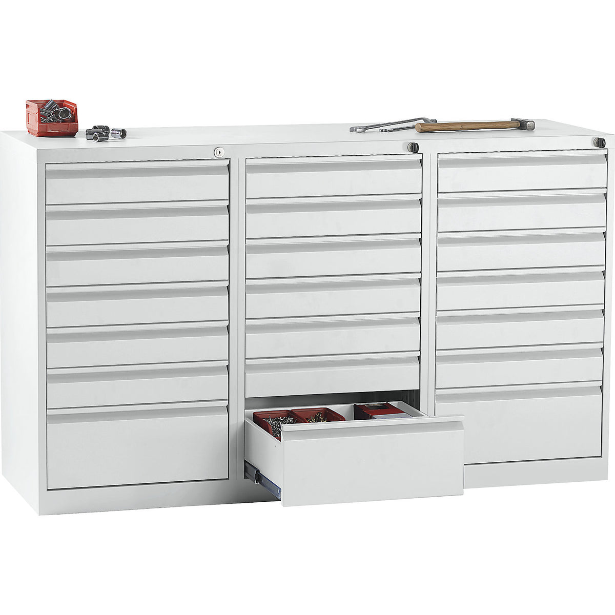 Drawer cupboard, steel, HxWxD 900 x 1500 x 500 mm, 21 drawers, light grey drawers.