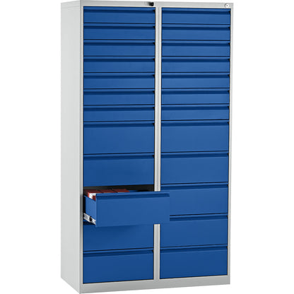 Drawer cupboard, steel, HxWxD 1800 x 1000 x 500 mm, 24 drawers, gentian blue drawers.