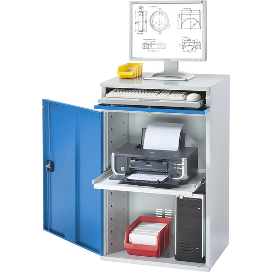 Computer workstation, sheet steel, HxW 1060 x 650 mm, without monitor housing, door colour light blue.