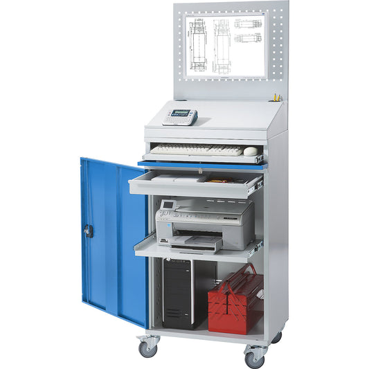 Computer workstation, sheet steel, HxW 1770 x 650 mm, with perforated panel and desktop, door colour light blue.