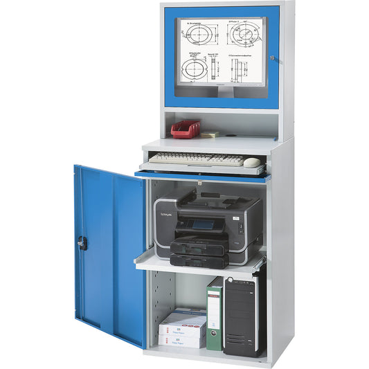 Computer workstation, sheet steel, HxW 1770 x 650 mm, with monitor housing, door colour light blue.