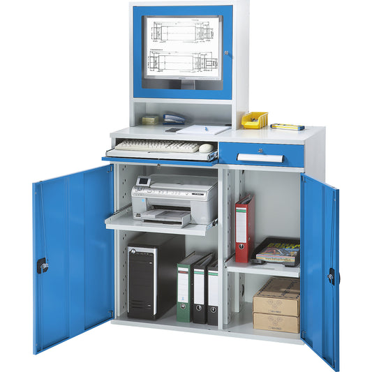 Computer workstation, sheet steel, HxW 1770 x 1100 mm, with monitor housing, door colour light blue.