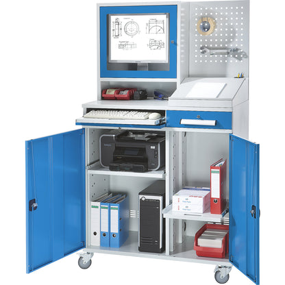 Computer workstation, sheet steel, HxW 1770 x 1100 mm, with monitor housing, perforated panel, desktop, door colour light blue.