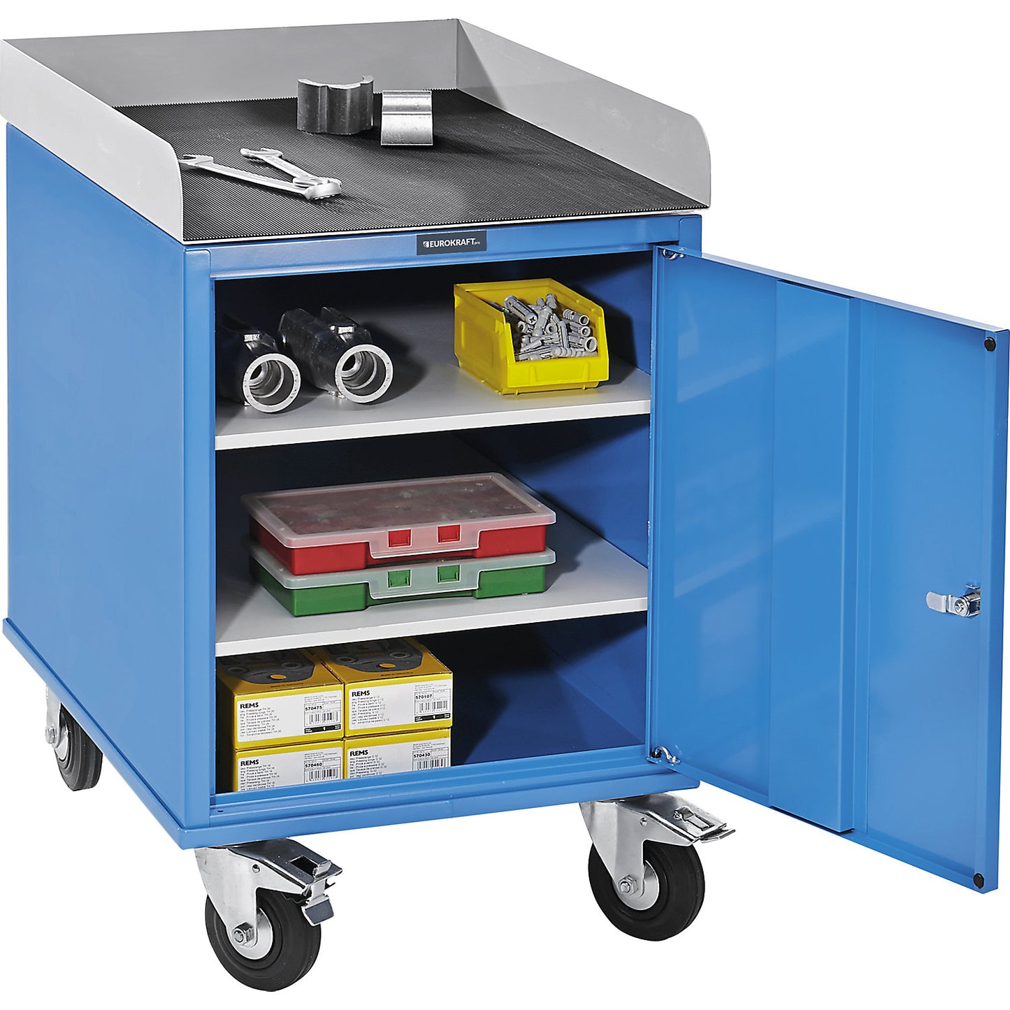 Assembly trolley, powder coated, with metal cupboard, LxWxH 765 x 570 x 830 mm.