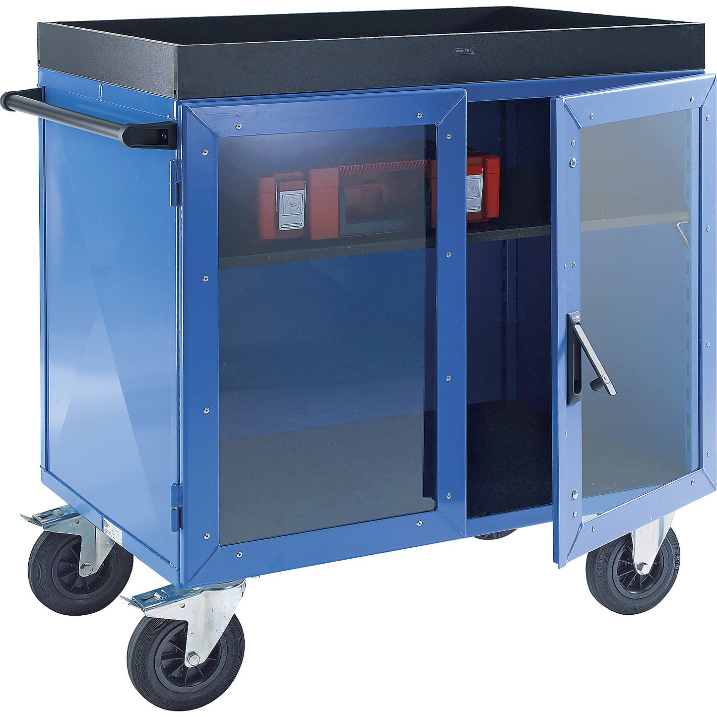 KOMPAKT cupboard trolley, sheet steel on 3 sides, doors with Makrolon® polycarbonate panels, with 1 shelf.