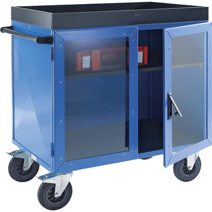 KOMPAKT cupboard trolley, sheet steel on 3 sides, doors with Makrolon® polycarbonate panels, without shelf.