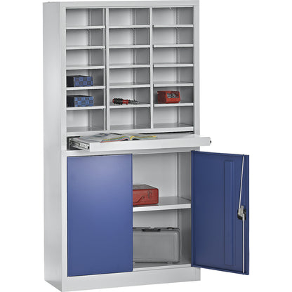 Organisation and sorting station, with double door cupboard, light grey / gentian blue.