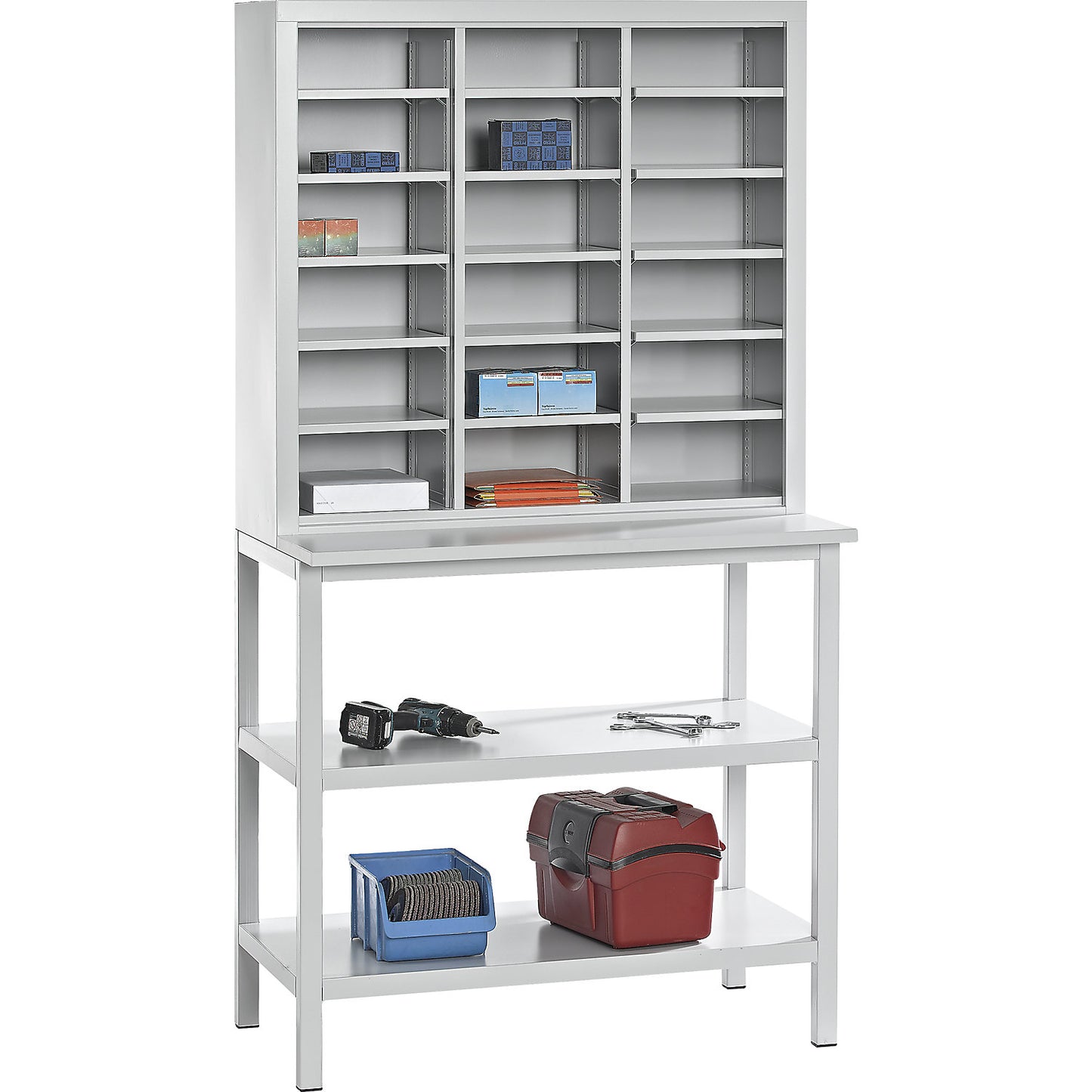 Organisation and sorting station, with work table, light grey.