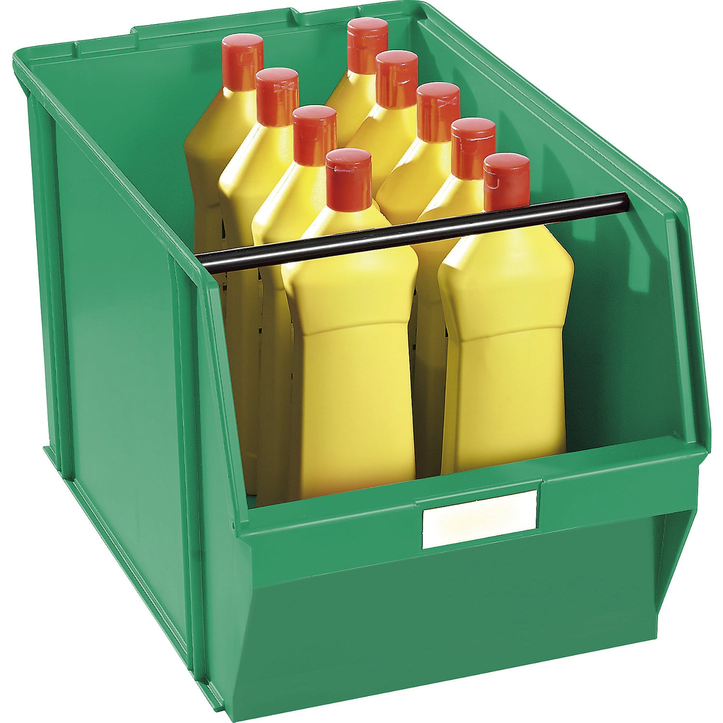 Open fronted storage bin made of polystyrene, LxWxH 500 x 309 x 300 mm, pack of 2, green with carrying bar.