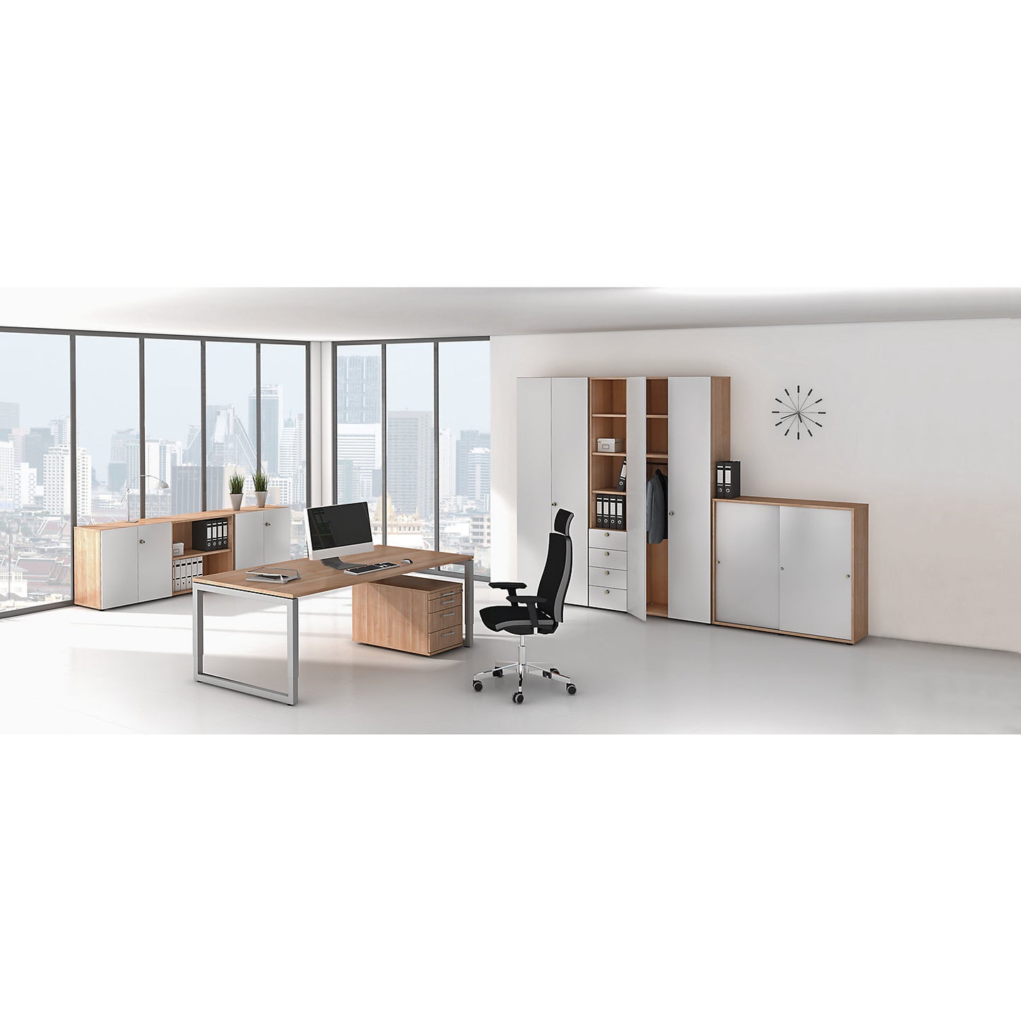 Sliding door cupboard, 2 shelves, centre partition, graphite / walnut finish.