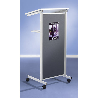 Lectern, 2 shelves, front made of fabric, grey.
