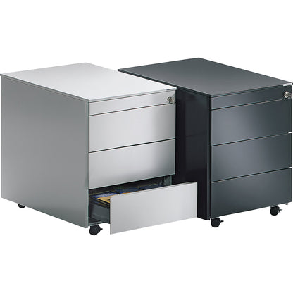 Drawer pedestal with castors, HxD 570 x 800 mm, steel top, 3 drawers, pure white / white aluminium / white.