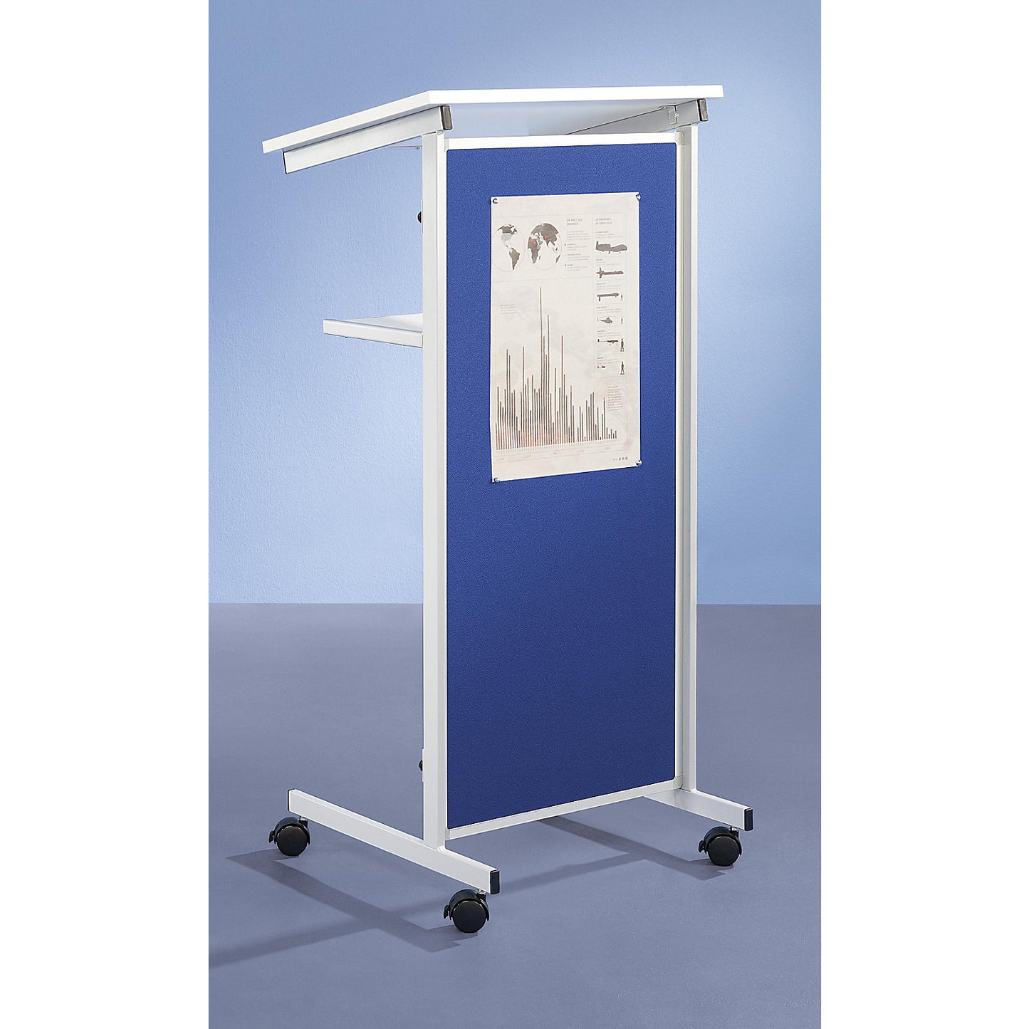 Lectern, 2 shelves, front made of fabric, blue.