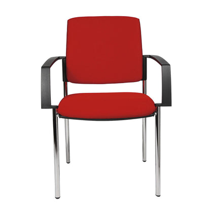 Padded stacking chair, four-legged frame, pack of 2, chrome plated frame, red upholstery.
