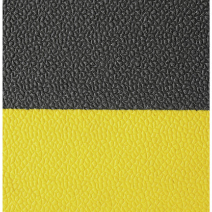Orthomat® anti-fatigue matting, PVC with hammer tone effect, height 9 mm, 18300 x 900 mm, black/yellow.