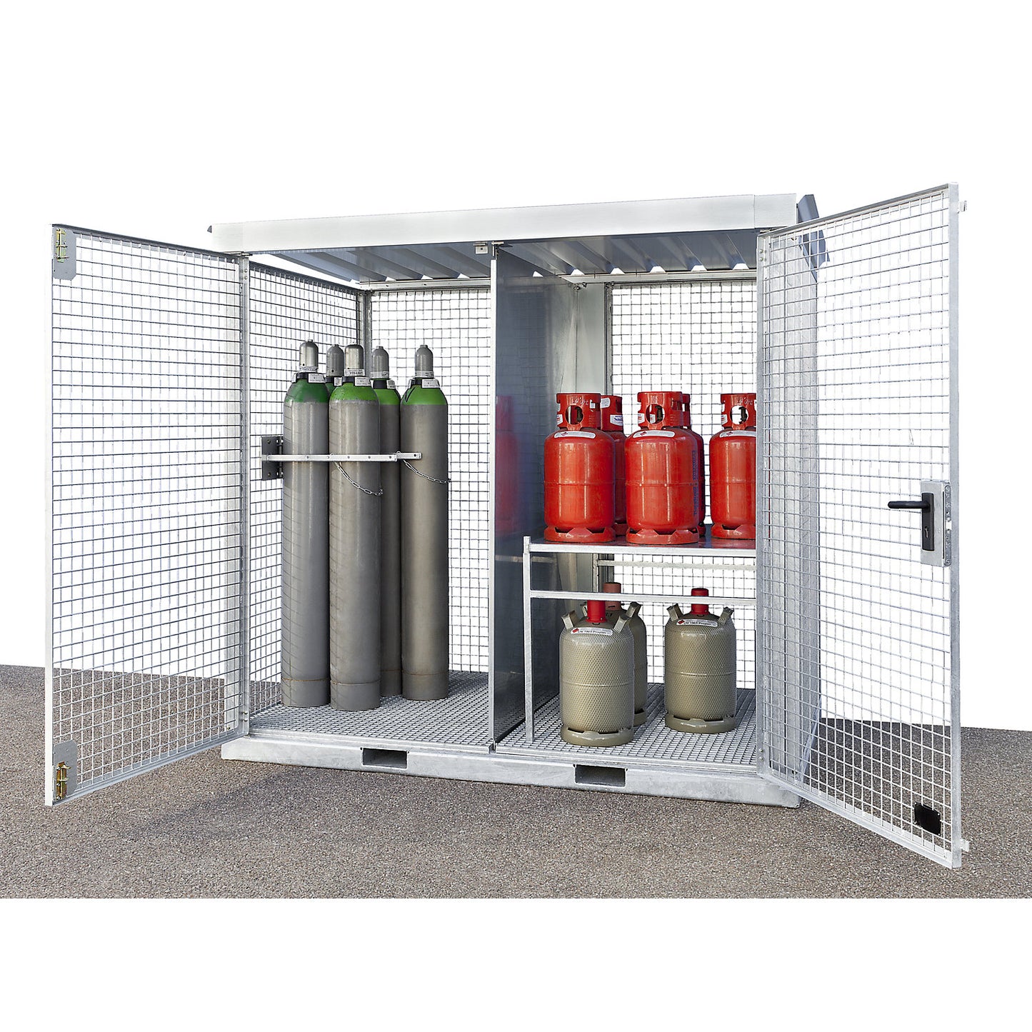Assembled mesh gas cylinder cage, 45 cylinders with Ø 230 mm, grate floor.
