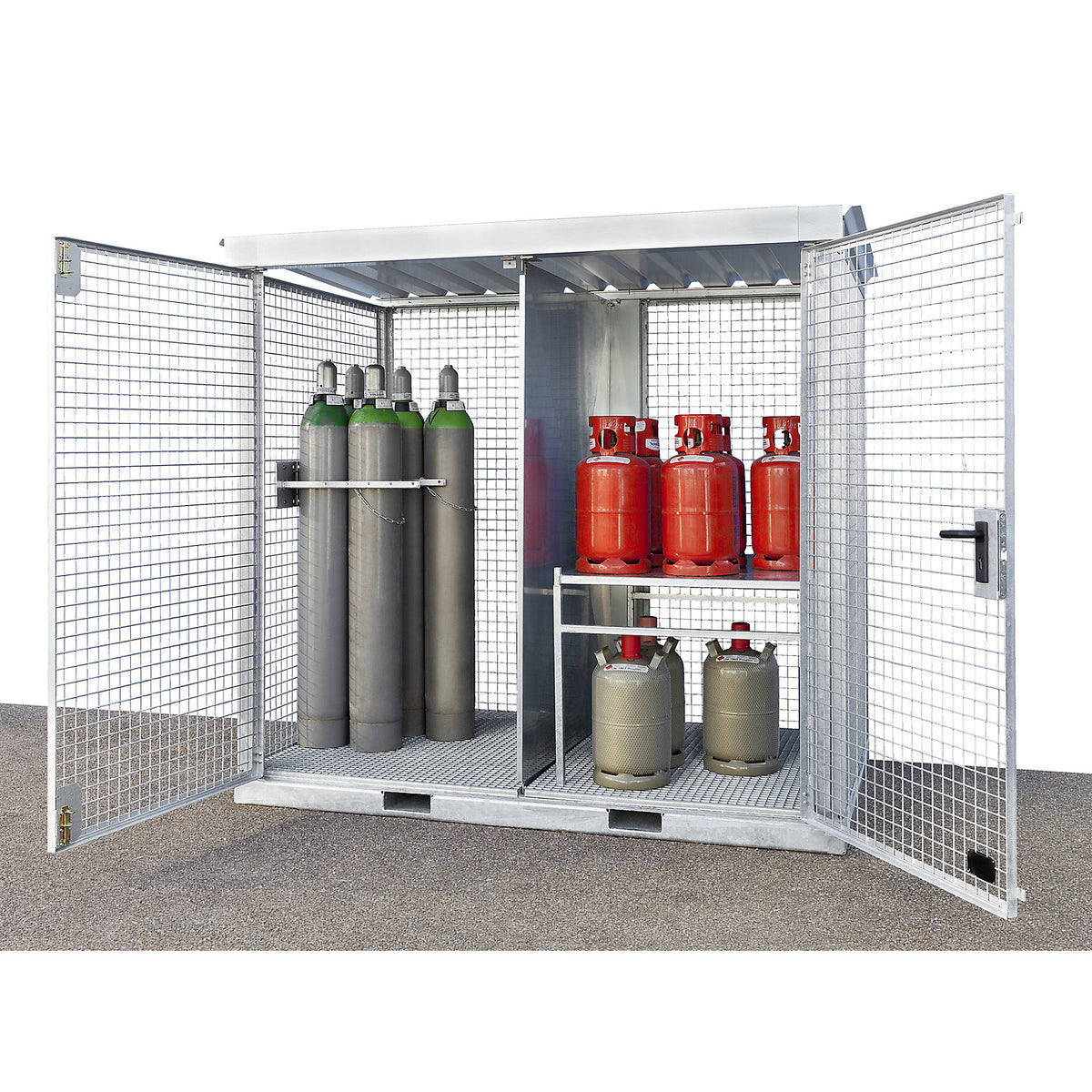 Assembled mesh gas cylinder cage, 104 cylinders with Ø 230 mm, ribbed sheet metal floor.