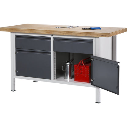 Workbench, frame construction Series 8500, 2 drawers, 2 doors, worktop width 1500 mm, metallic charcoal.