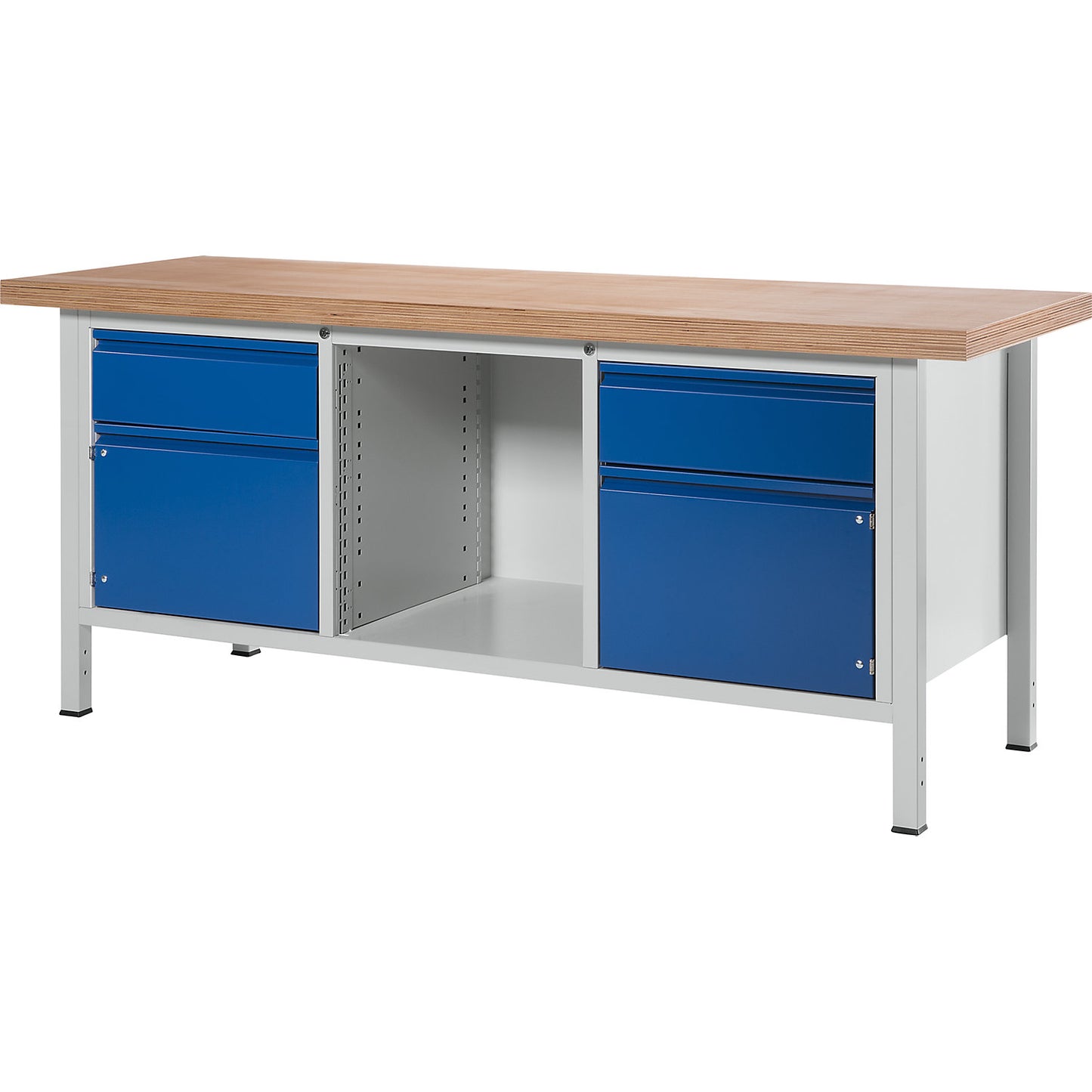 Workbench, frame construction Series 8500, 2 drawers, 2 doors, 1 open compartment, worktop width 2000 mm, gentian blue.