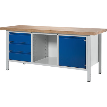 Workbench, frame construction Series 8500, 3 drawers, 1 door, 1 open compartment, worktop width 2000 mm, gentian blue.