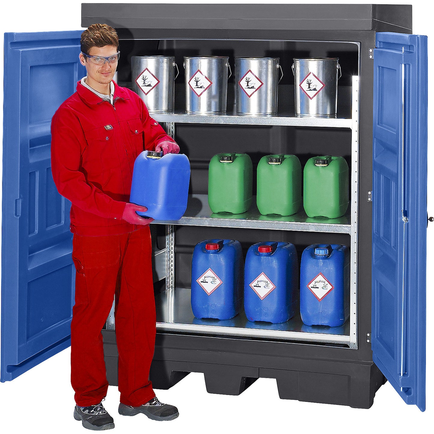 PE hazardous goods storage depot with doors, including shelf unit with shelves, collection capacity 250 l.