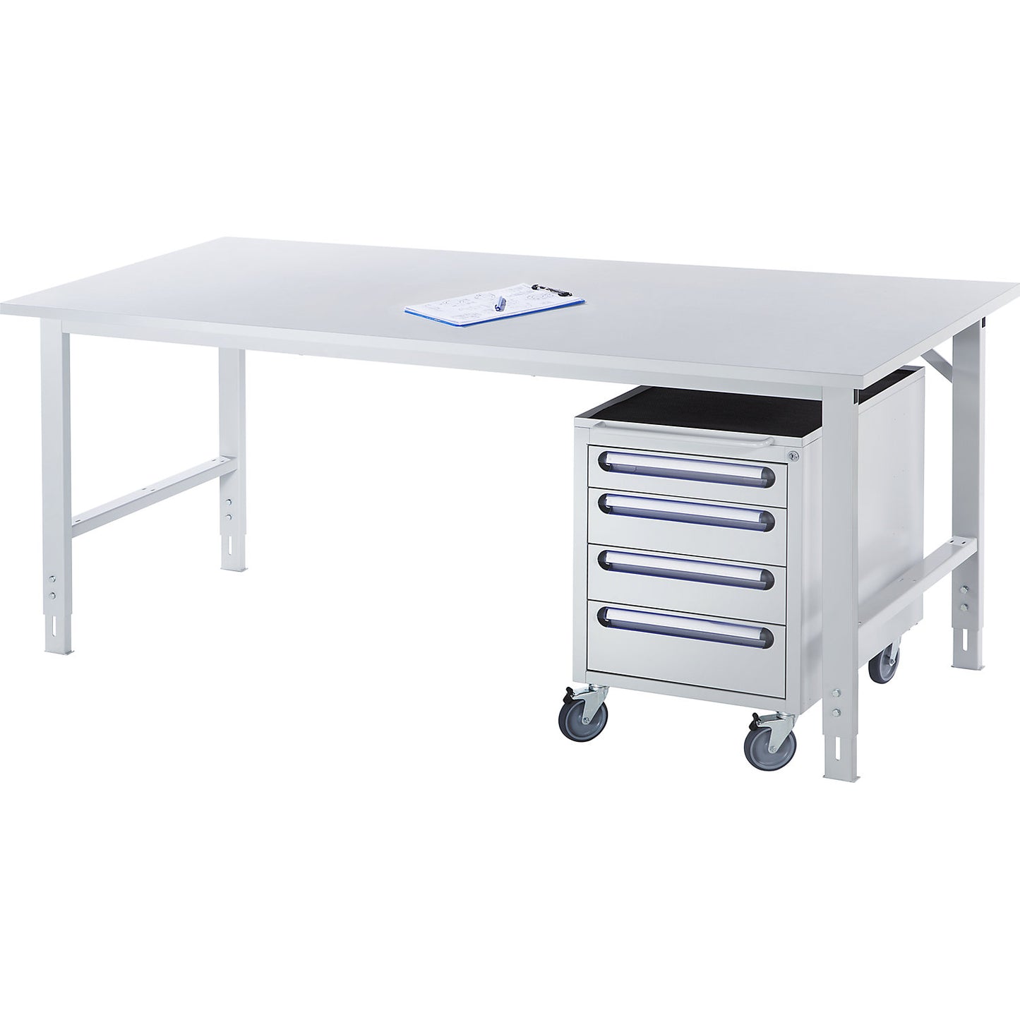 Work table, height adjustable, frame 30 x 30 mm, melamine coated panel, WxD 1500 x 800 mm, light grey.