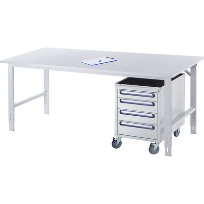 Work table, height adjustable, frame 30 x 30 mm, stainless steel panel, WxD 2000 x 1000 mm.