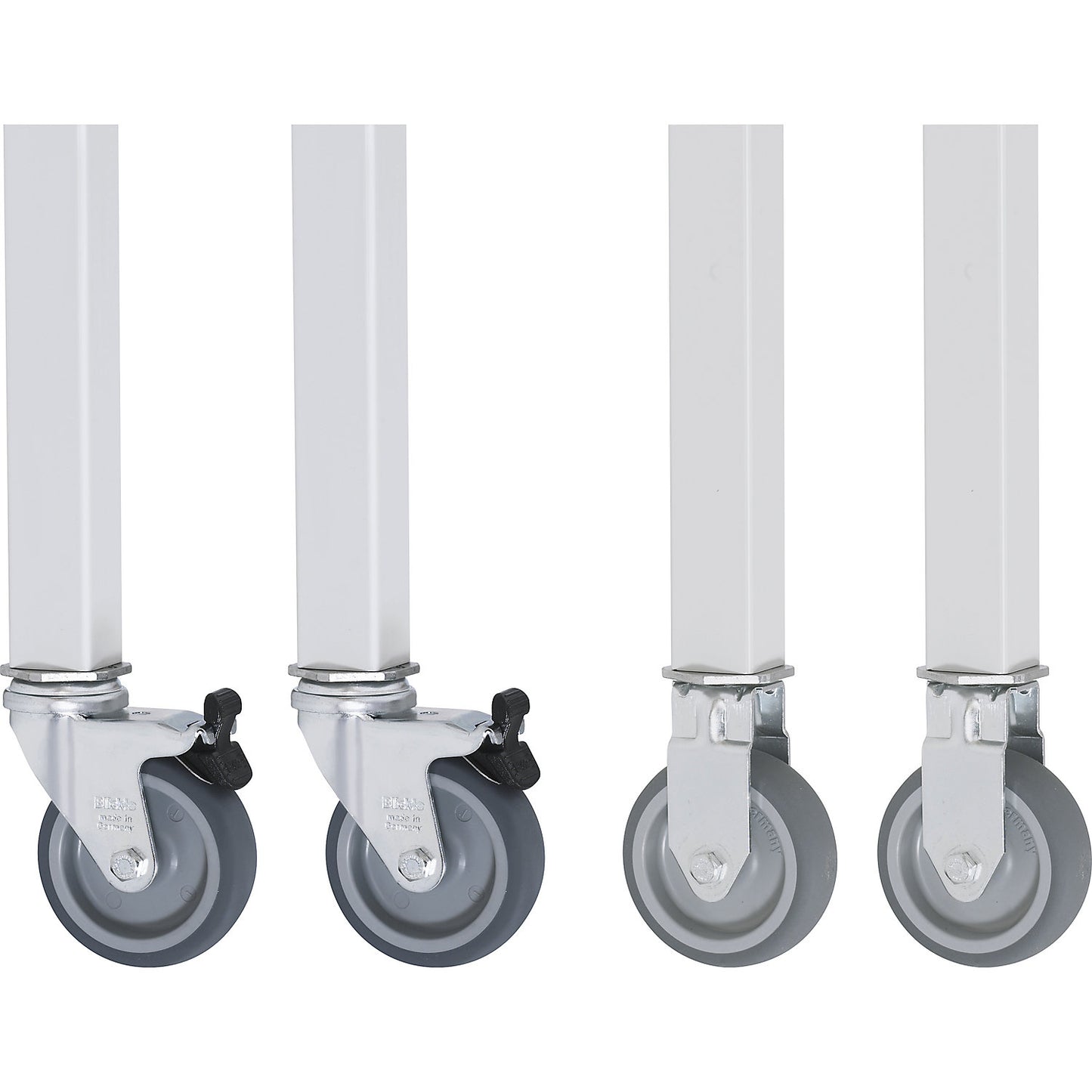 Wheel set, pack of 4, for base frame 30 x 30 mm, 2 swivel castors with wheel stops, 2 fixed castors.