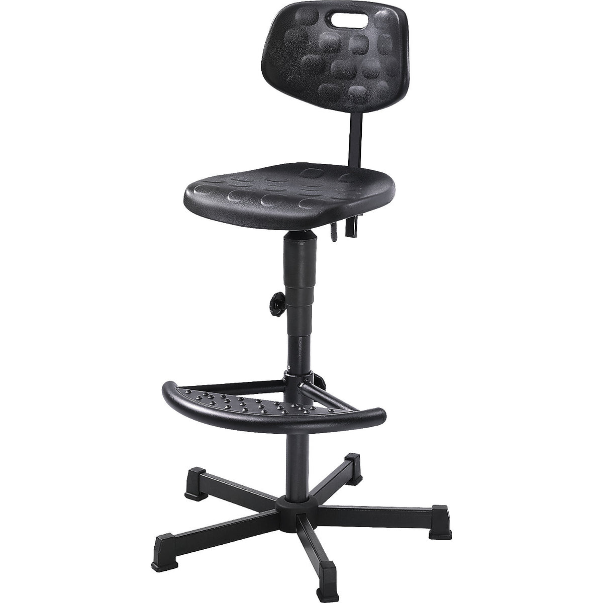 Industrial swivel chair with PU foam seat, with foot rest, with floor glides and foot rest.