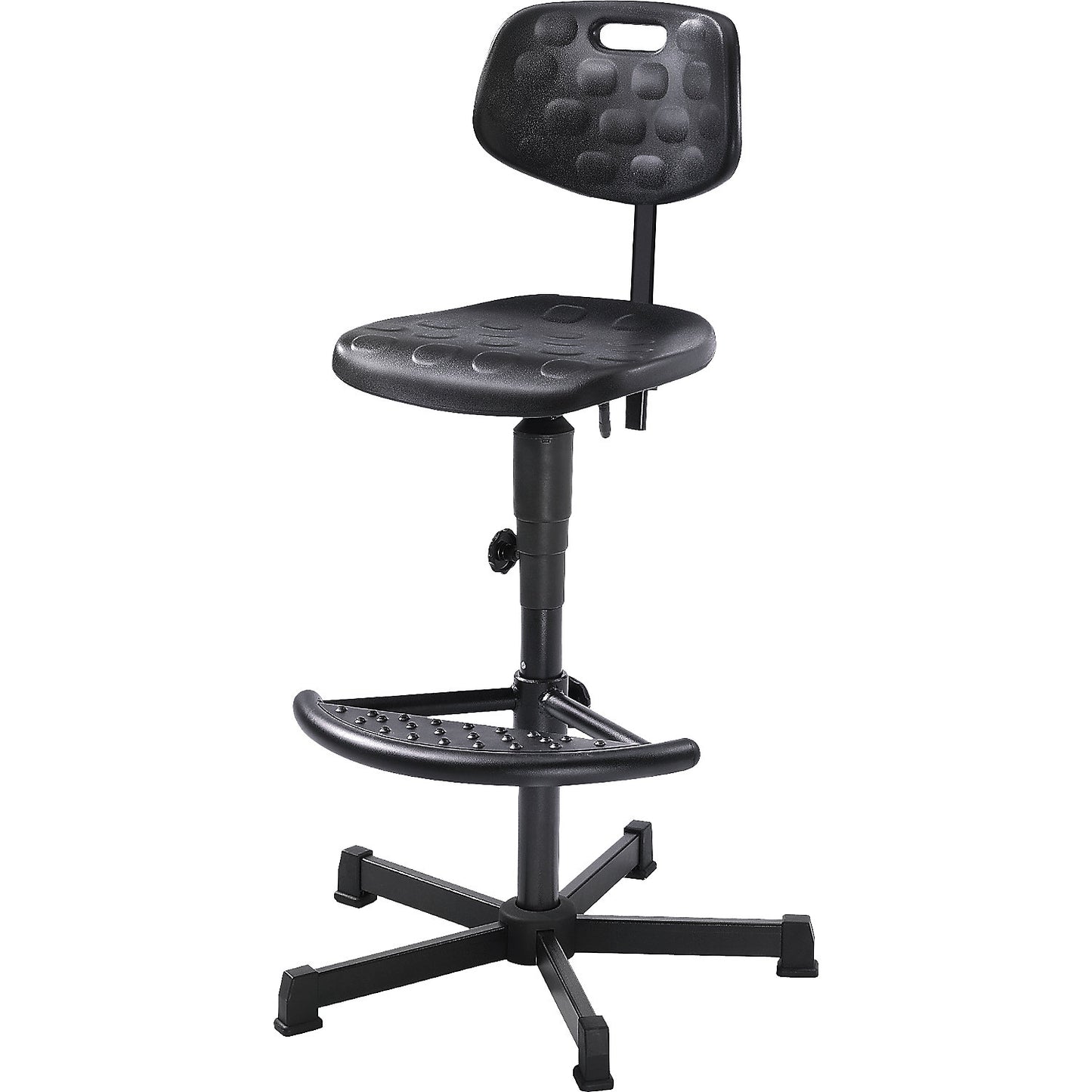 Industrial swivel chair with PU foam seat, with foot rest, with floor glides and foot rest.