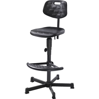 Industrial swivel chair with PU foam seat, with foot rest, with floor glides and foot rest.