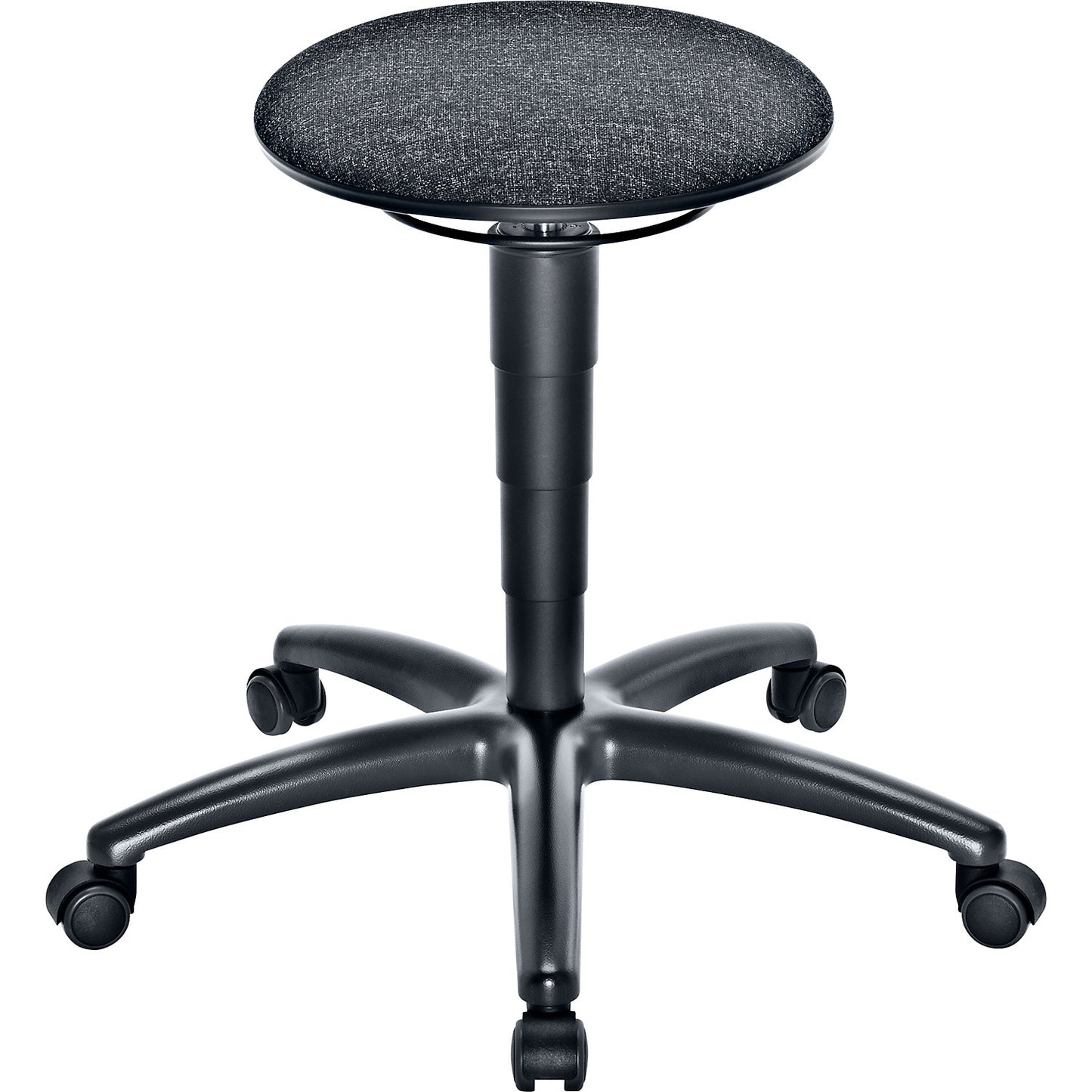 Industrial stool with gas lift height adjustment, fabric upholstered seat, with castors.