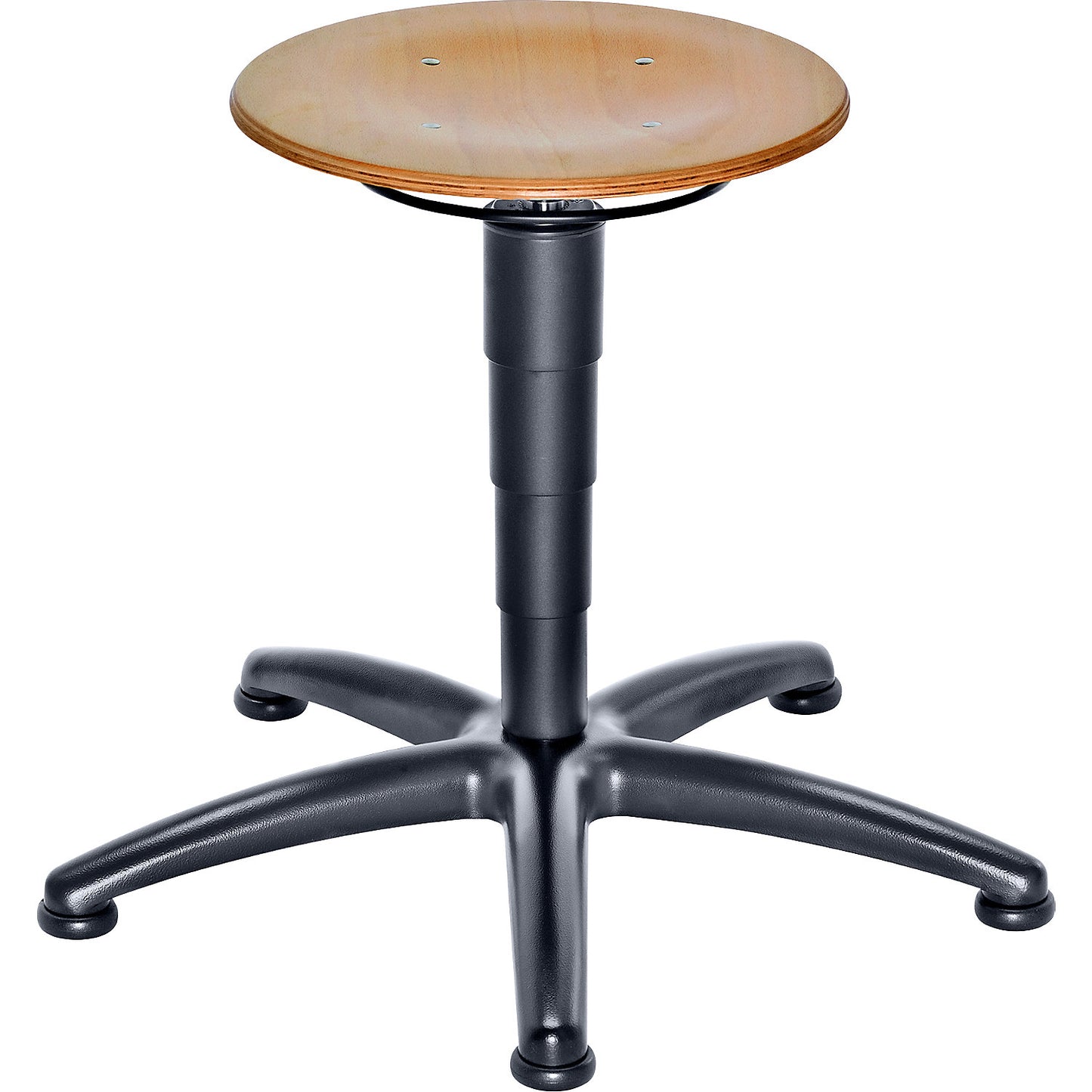 Industrial stool with gas lift height adjustment, beech plywood seat, with floor glides.