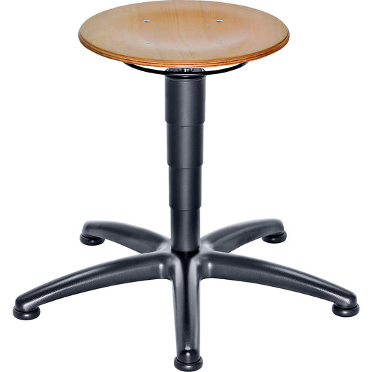 Industrial stool with gas lift height adjustment, beech plywood seat, with floor glides.