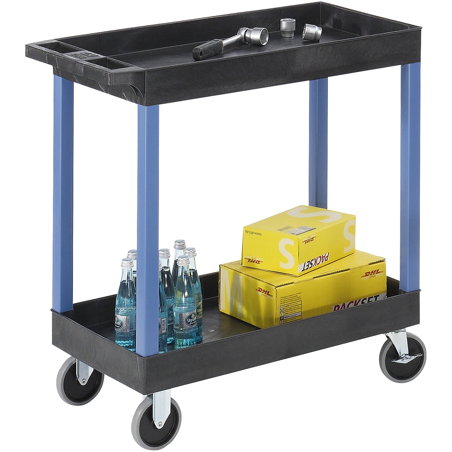 MULTI universal truck, LxWxH 895 x 460 x 895 mm, 2 shelves, 2 trays, black / blue.