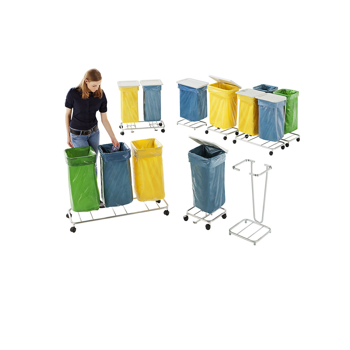 Waste sack stand without lid, for capacity 2 x 70 l, wheeled base, powder coated tubular steel.